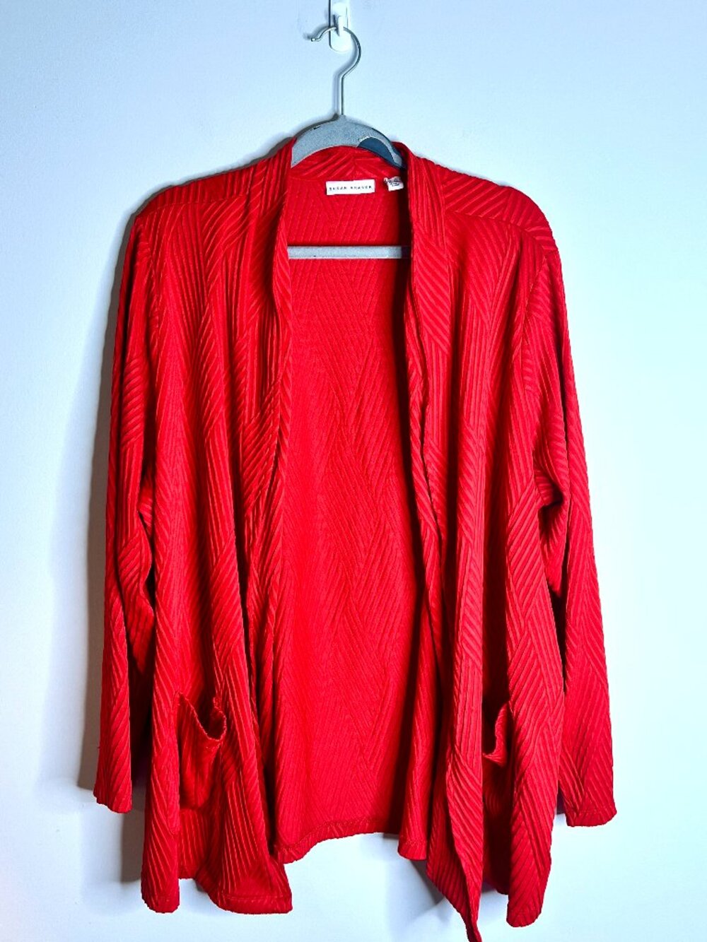 Susan Graver Red Textured Open Front Liquid Knit Cardigan Lightweight Career 2X